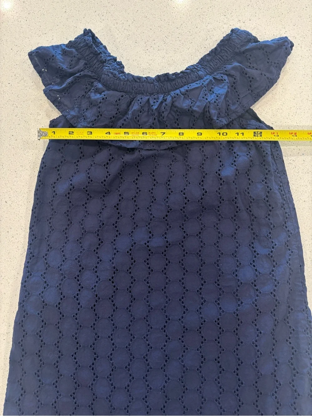 Nautica Girls Navy Eyelet Ruffle Off-Shoulder Dress, Size 7